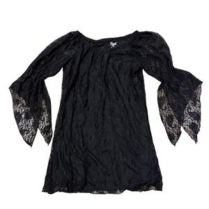 Festival Whimsigoth Witchy Lace Bell Sleeve Dress Black Paisley Boho Romantic